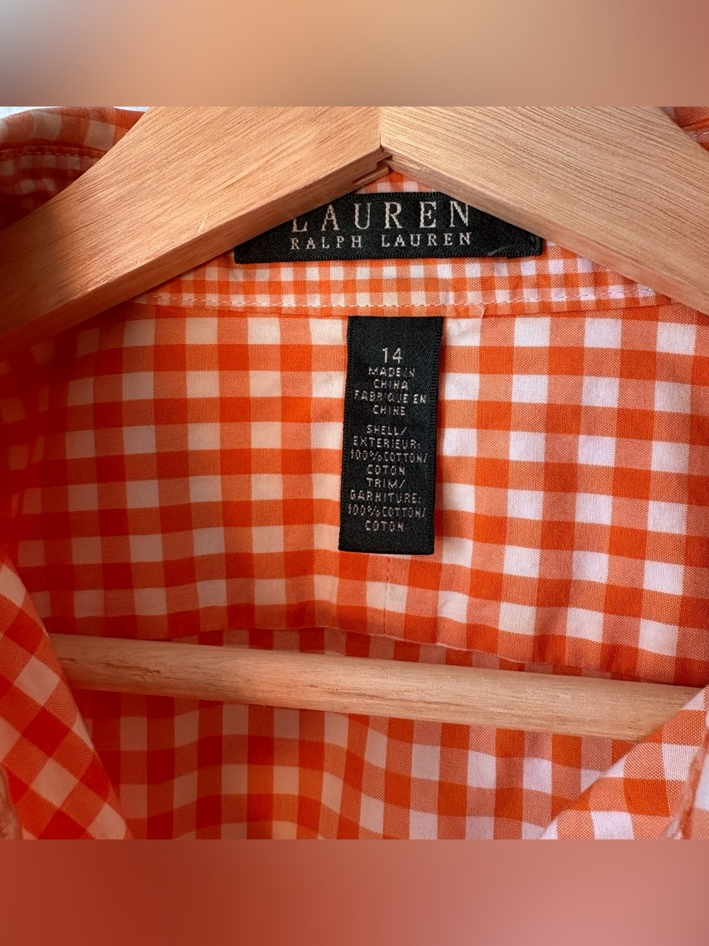 Lauren Ralph Lauren Orange Gingham Peplum short sleeve button up shirt Size 14 - Picture 3 of 7